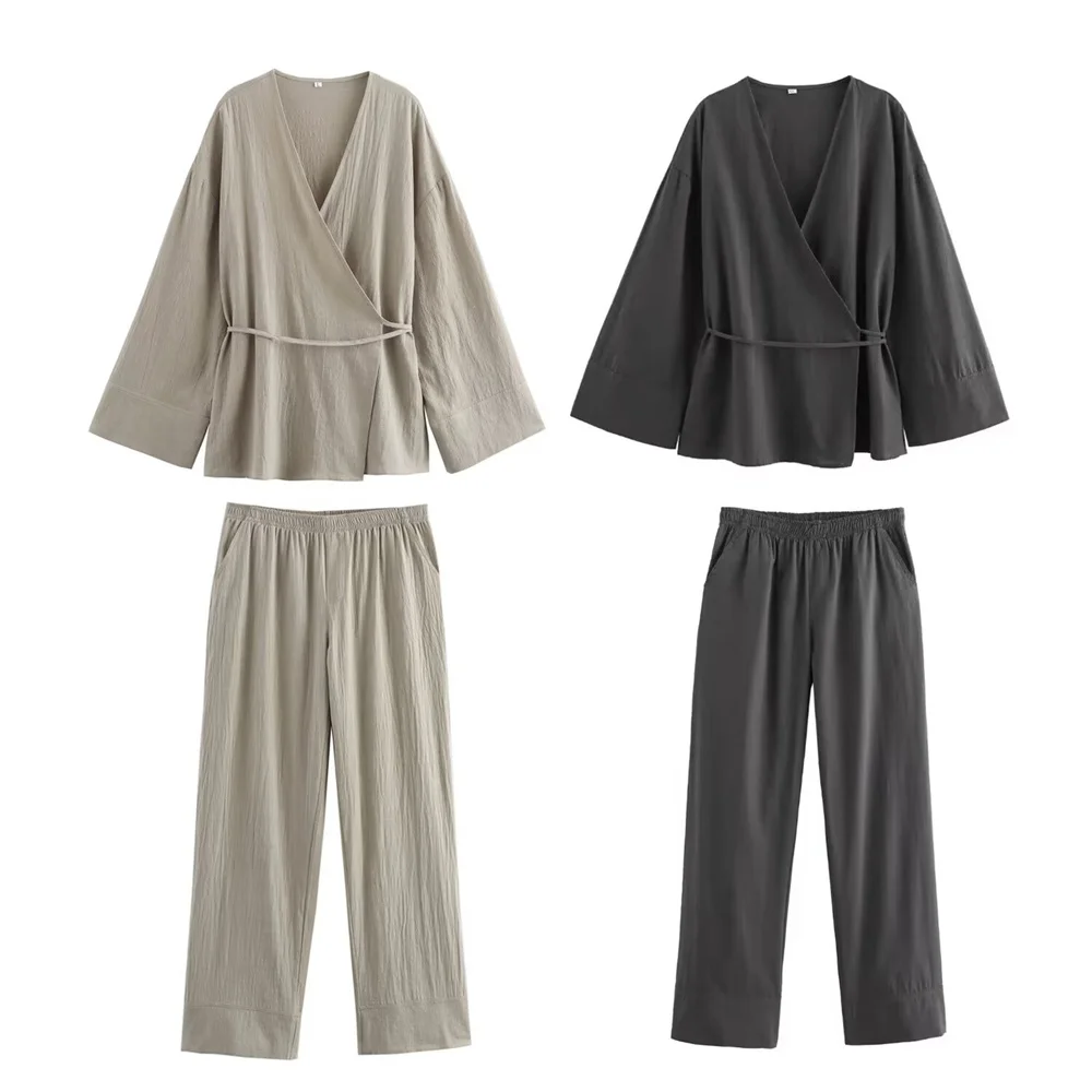 2024ZAR4 Summer New Women's Versatile Texture Double breasted Kimono Style Outer Coat Straight Leg Trouser Set