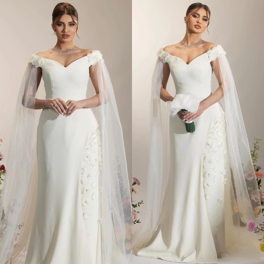 

Customized Elegant White Jersey Wedding Dress Formal V-Neck Off the Shoulder Bridal Gowns Classic Straight Appliques Prom Dress