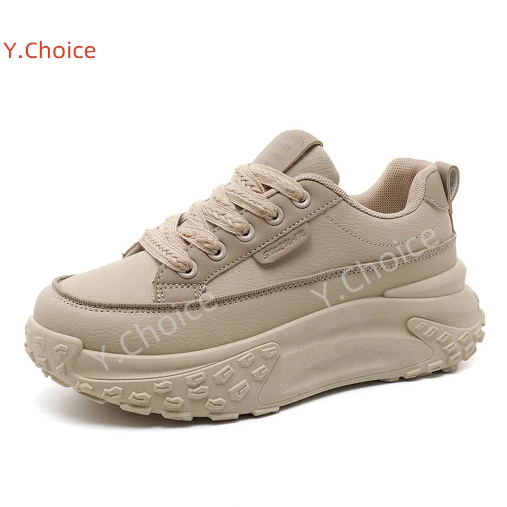 

Y.Choice Woman Sneakers Leather Shoe Upper Colorblock Thick Bottom Height Increasing Sports Shoes Fashion Casual Women Shoes