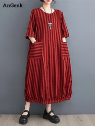 Red Vintage Striped Dresses For Women Summer New Short Sleeve Pocket Loose Casual Midi Dress Robe Fashion Elegant Clothes 2024