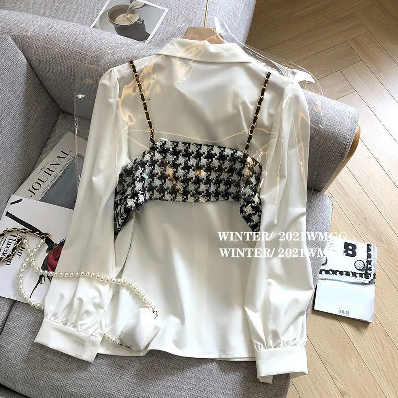 Camisole Tanks Tops White Shirt Women Thousand Bird Check  Blusas Mujer Vintage Vest 2 Piece Sets Loose Blouse Chic Chiffon