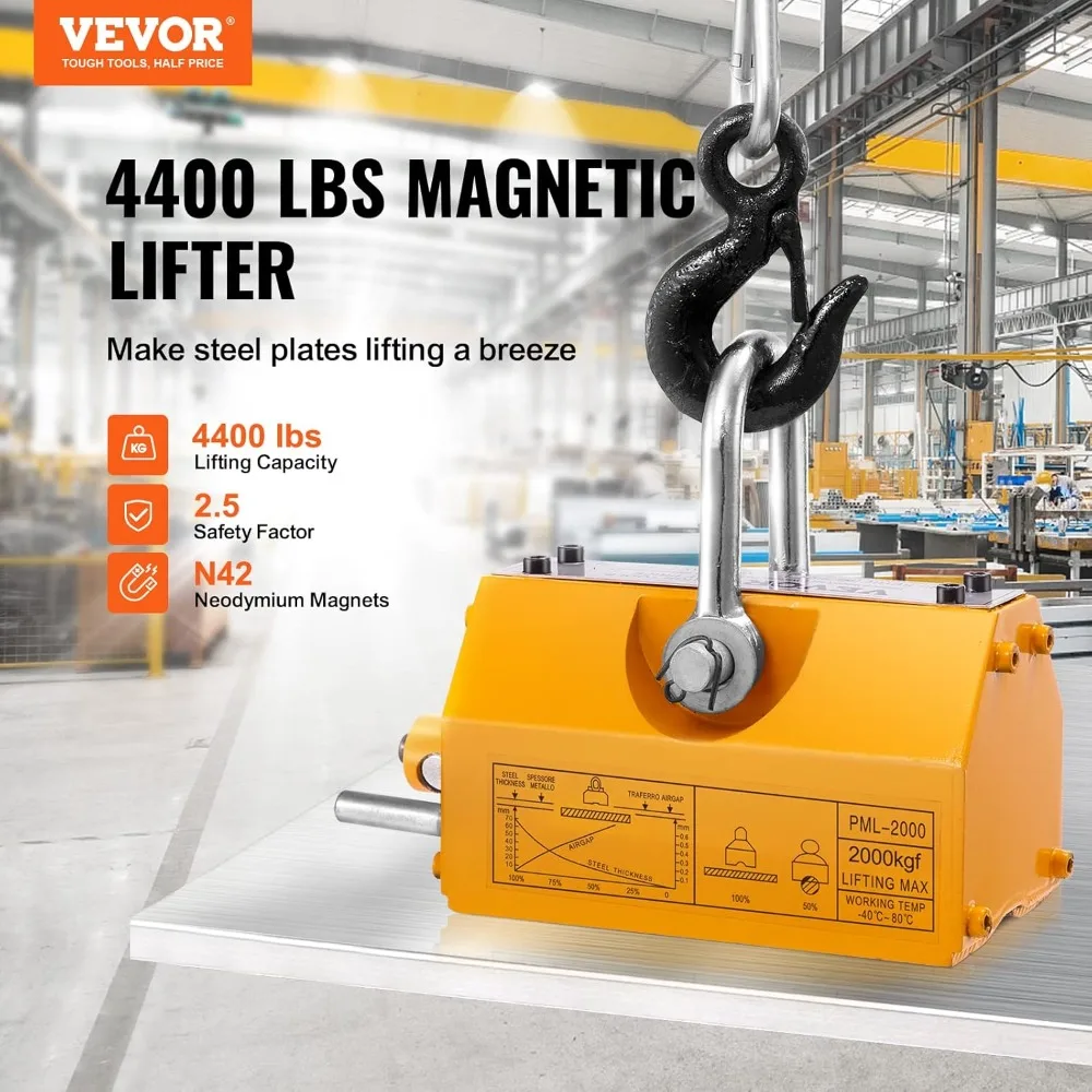 Magnetic Lifter, 4400lbs/2000kg Pulling Capacity, 2.5 Safety Factor, Neodymium & Steel, Lifting Magnet with Release