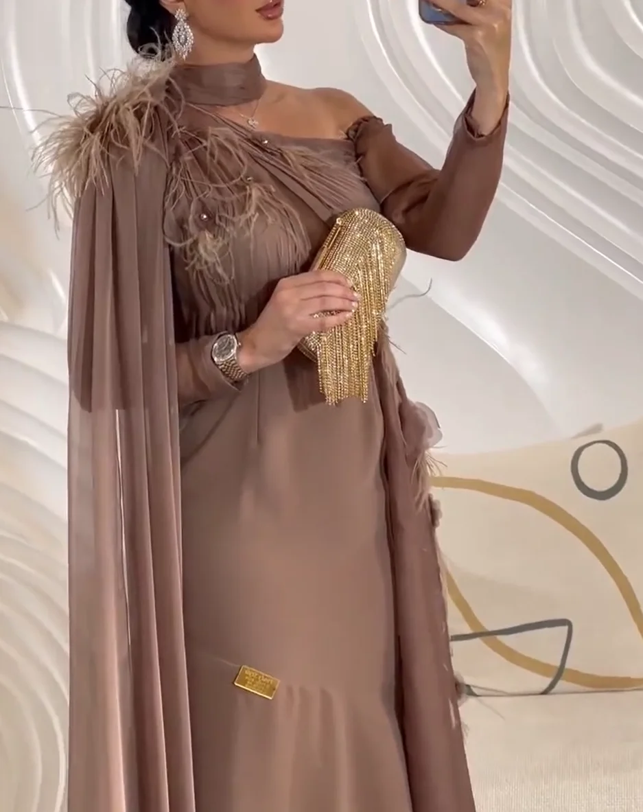 

Mermaid High Neck Pleated Chiffon Feather Prom Dresses Long for Women 2025 One Shoulder Long Sleeve Evening Gowns Customized