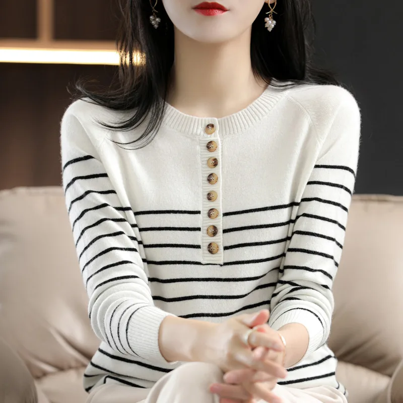 Suéter de punto de algodón puro con medio botón para mujer, cuello redondo, camiseta base a rayas, suéter fino de primavera y otoño, camisa de algodón puro online
