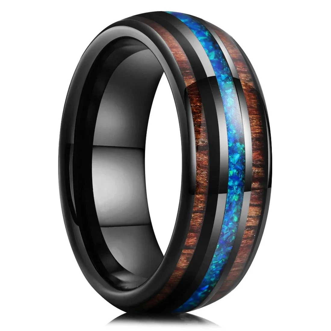 8MM Men Fashion Stainless steel Hawaiian Koa Wood Rings For Men WIth Blue Fire Opal Rings Men Wedding Band Jewelry Drop Shipping