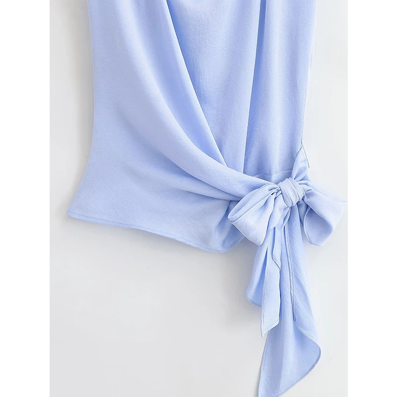 YENKYE Fashion New Women Light Blue Sleeveless Blouse High Neck Wrap Side Bow Tie Elegant Satin Summer Tops view 6