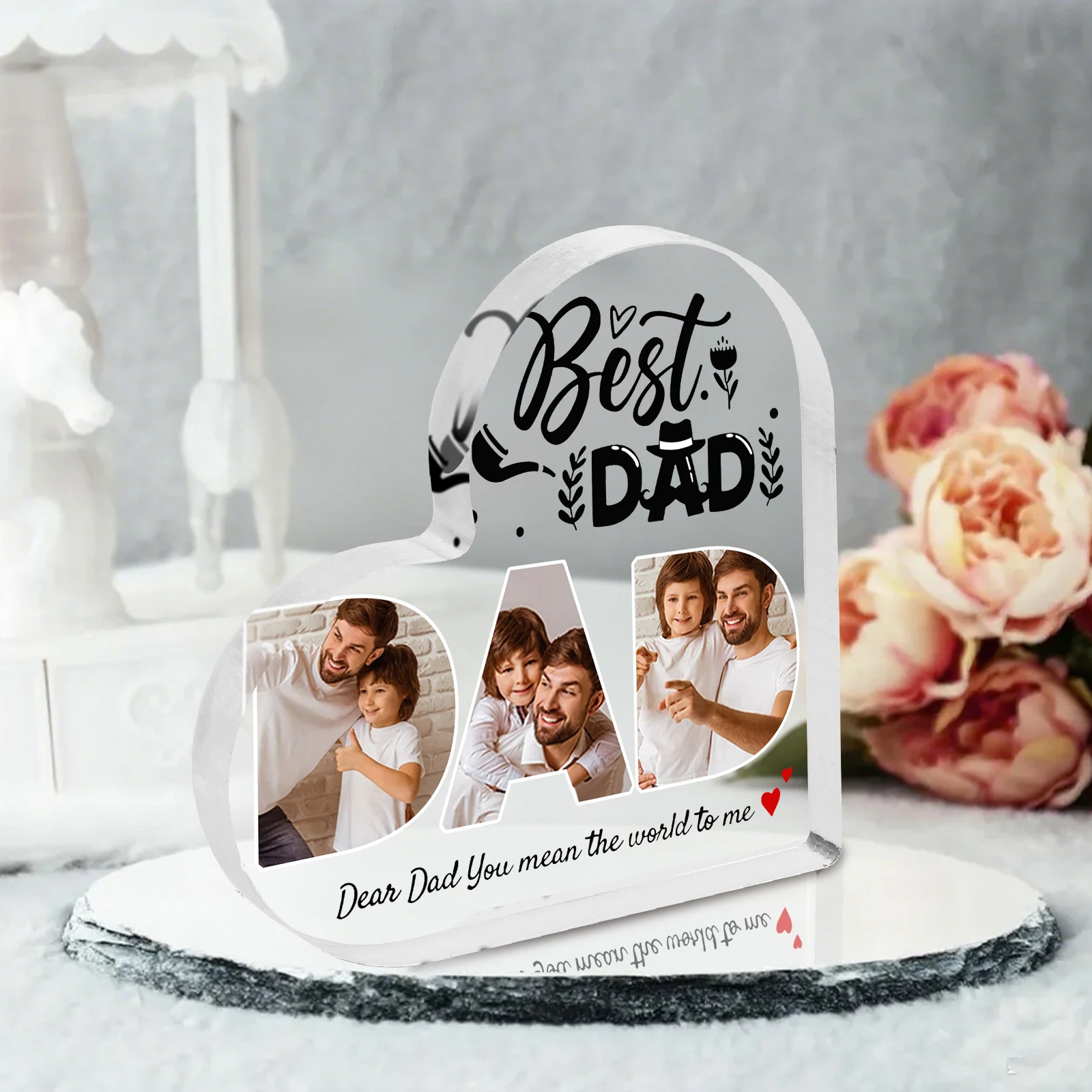 어린이와 아빠를 위한 맞춤형 하트 모양 아크릴 기념품 - 개인 사진과 따뜻한 메시지를 소중한 기념품으로 만들어보세요