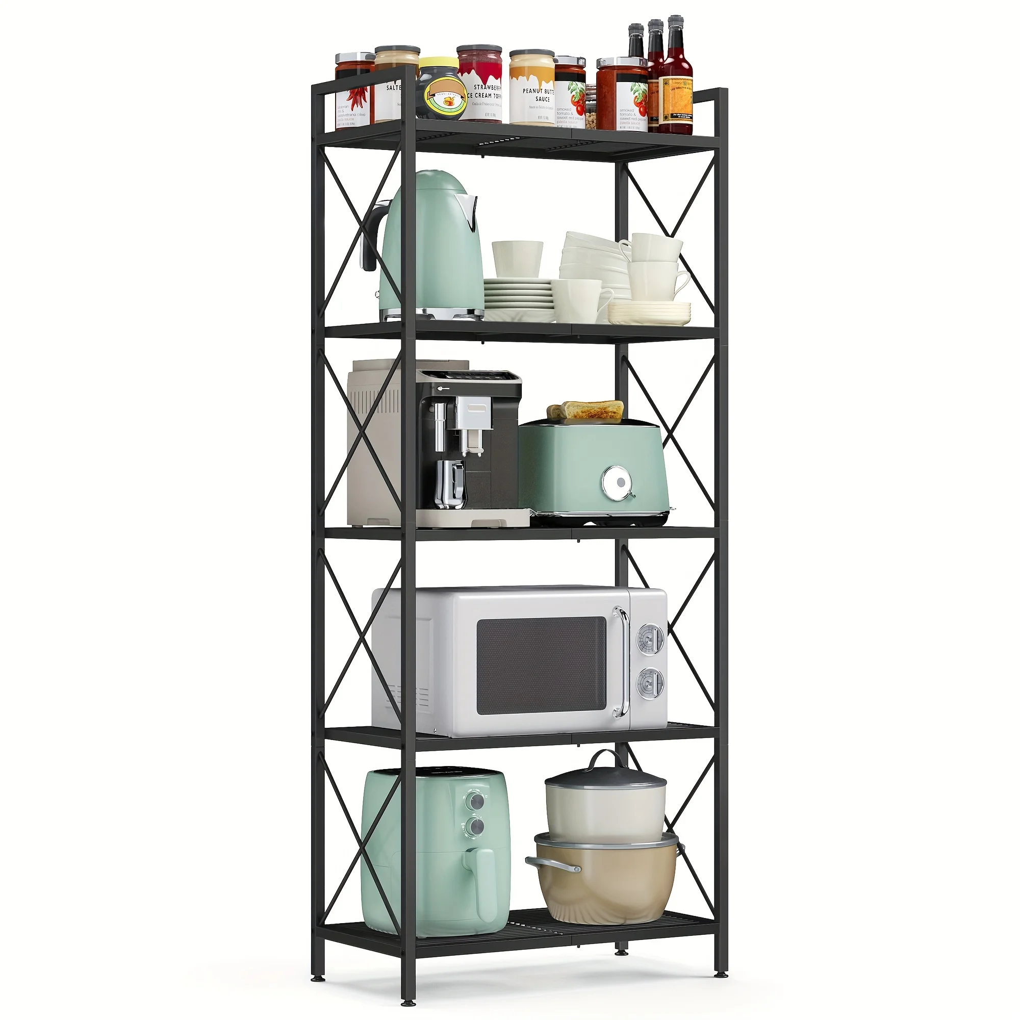 

1pc 5-Tier Extra-Industrial-Style Shelving Unit with Dense Mesh, X Side Frames, and Floor Mount - Perfect for Entryway, Kitchen