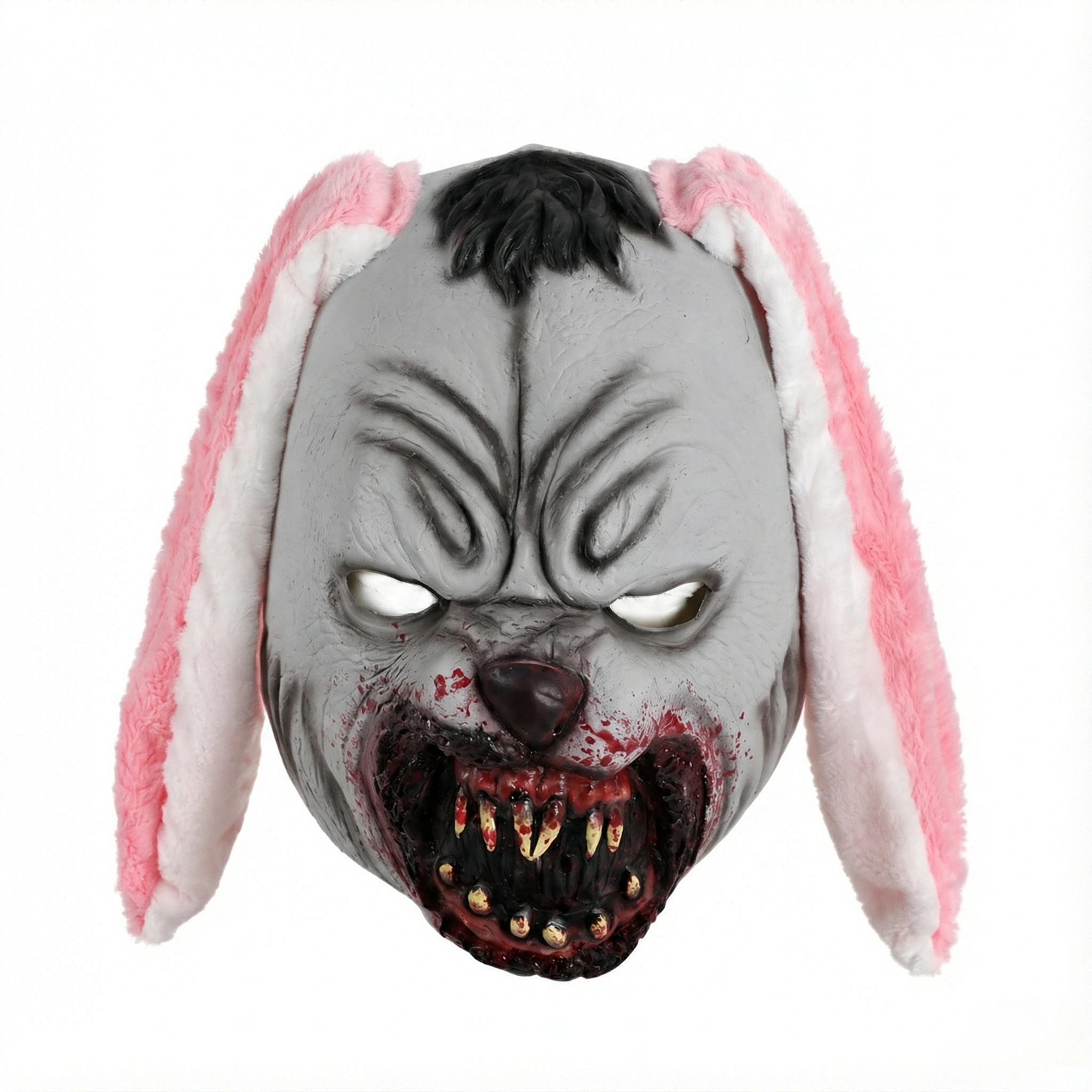 Halloween Bloody Rabbit Mask, Latex Headgear with Pink‑White Plush Floppy Ears & Sharp Fangs for Haunted House Cosplay Props