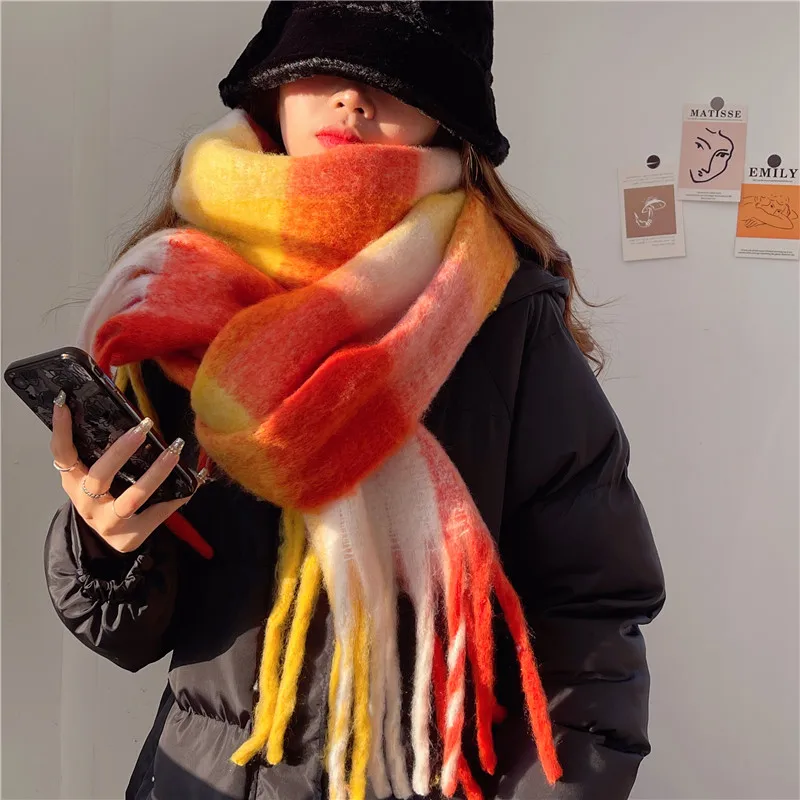 Women Winter Scarf Thick Cashmere Warm Shawls Wraps Long Tassel Pashmina Blanket Rainbow Hairy Echarpe Stoles 2022 New