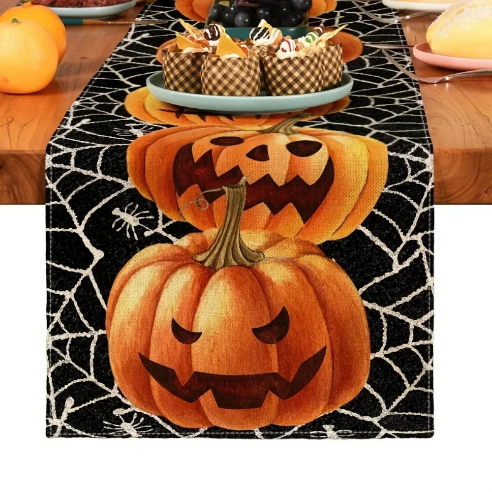 Halloween Linen Table Runners Autumn Pumpkin Spooky Bat Haunted House Table Runner Halloween Holiday Party Dining Table Decor