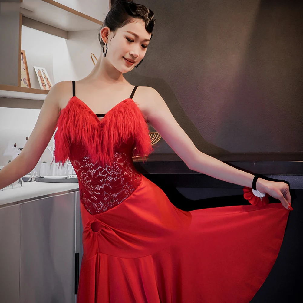 

Sleeveless Tango Dress Fluffy Samba Red Women's Sexy Sling Strap Latin Dance Clothing Practice Clothes Performance Use
