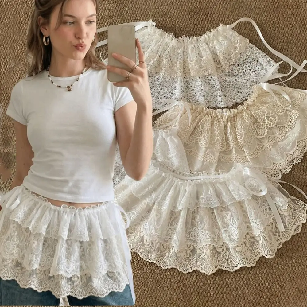 balletcore-white-lace-fart-curtain-lace-up-korean-style-mini-lace-skirts-flower-high-waist-ruffle-short-skirts-streetwear