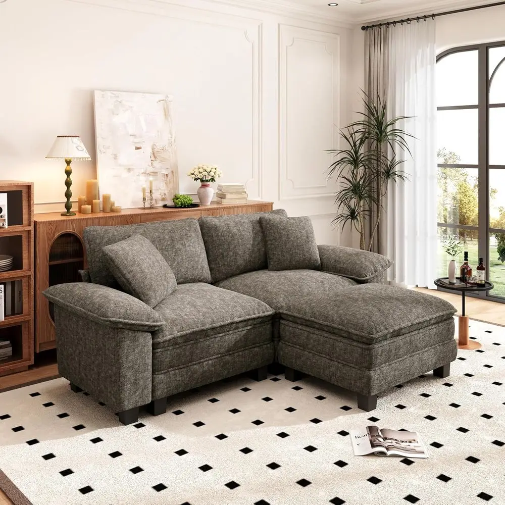 

87.5 Smoky Grey Chenille Sectional Loveseat with Movable Ottoman and 3-Seat Couch for Living Room