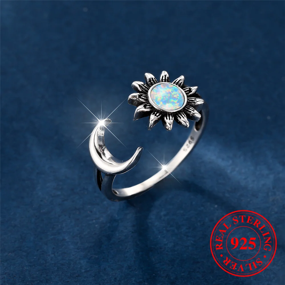 Carino femminile naturale bianco fuoco opale pietra girasole luna anello Vintage reale 925 gioielli da sposa in argento Sterling aperto per le donne