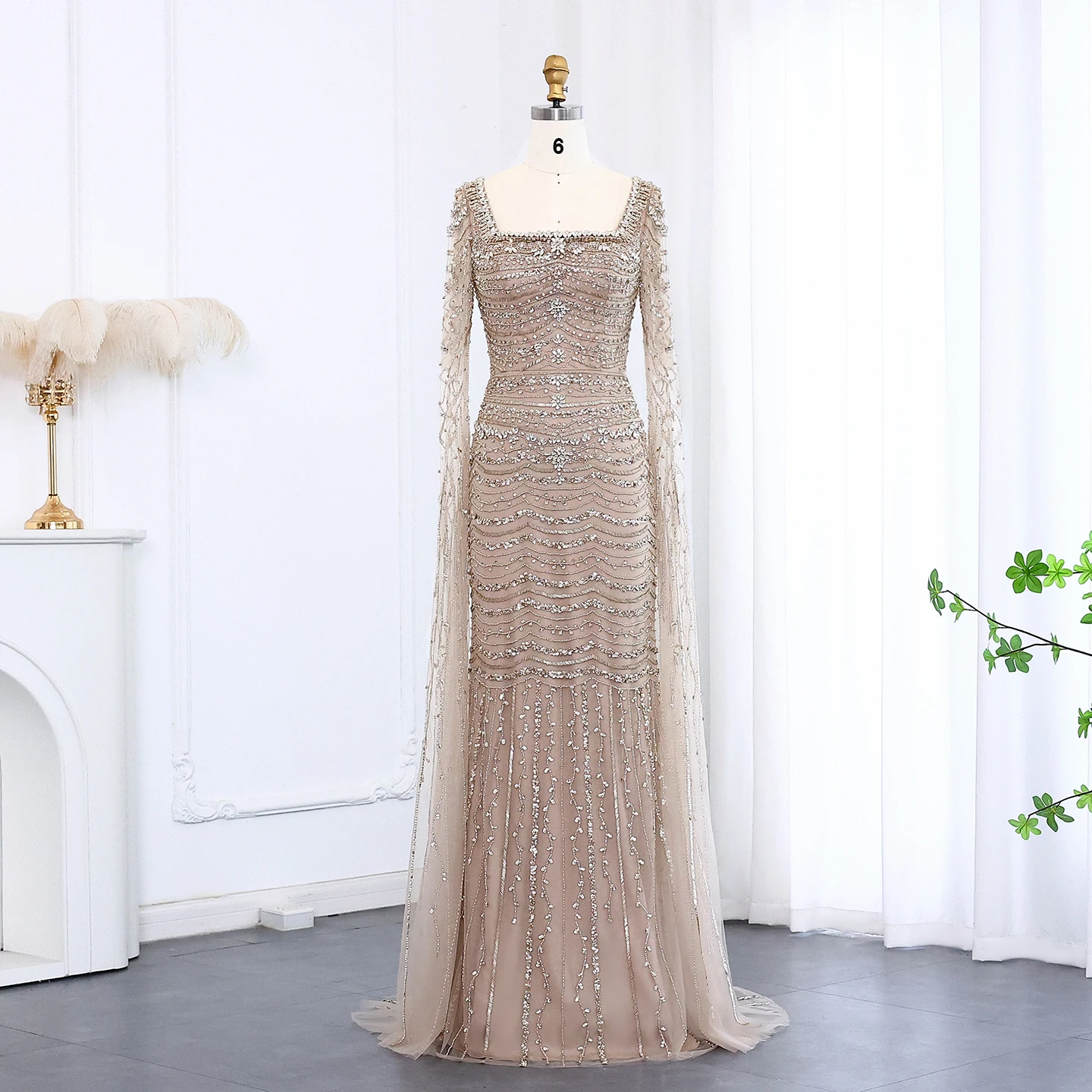 Sharon Said Luxury Caramel Mermaid Evening Dress with Cape Sleeves Square Neck Formal Gowns Women Wedding Party SS330 Customized image 2