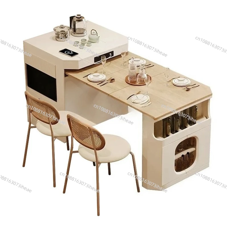 High-end kitchen restaurant cream inverted island integrated retractable dining table