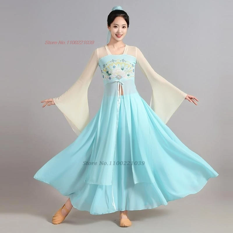 

2025 chinese vintage dance costume traditional flower print mesh hanfu tops+skirt set retro folk dance stage performance dress