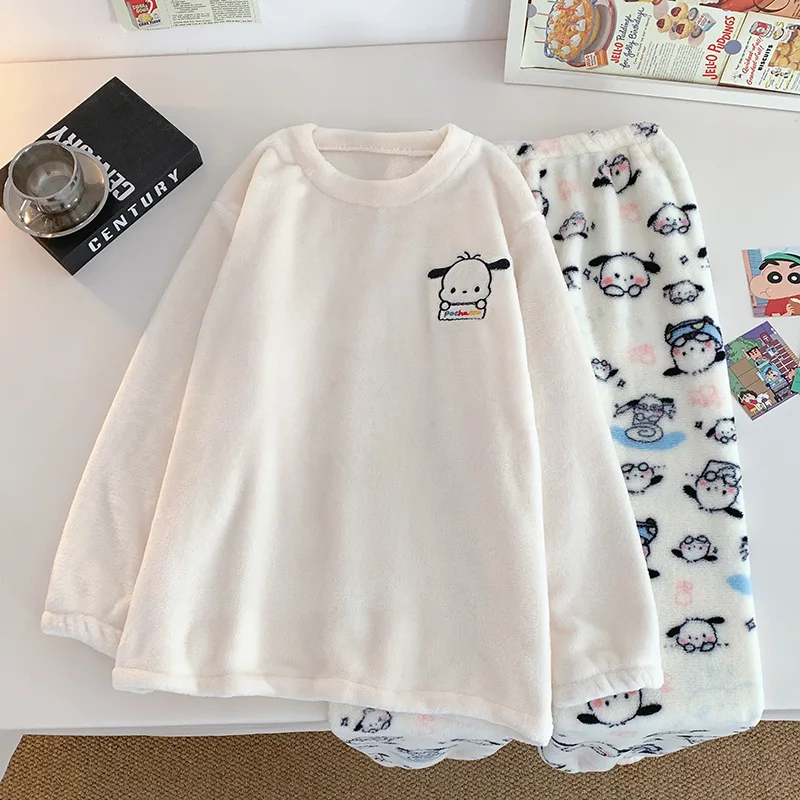 Kawaii Pochacco الكرتون أنيمي الخريف النساء أفخم منامة مجموعة Sanrios فضفاض المرجان الصوف الدافئة Homewear الفتيات طالب نوم #1