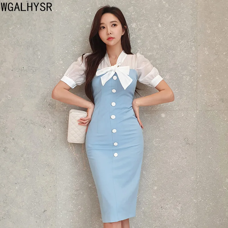 

Elegant Female Dress Color Matching Bowknot Office Dress Women Spring A-Line Casual Dresses Simple Slim Work Party Vestidos