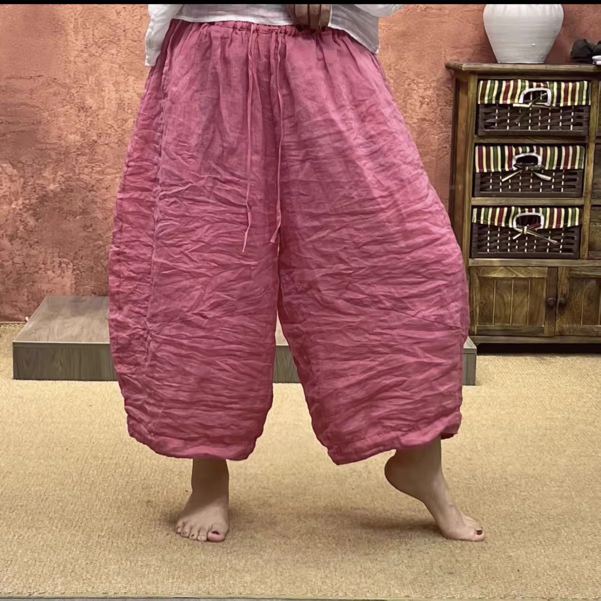Summer New Style Women's Loose Casual Slimming Knife-Shape Pumpkin Pants Double Layer Splicing Hemp Straight Leg High Waist