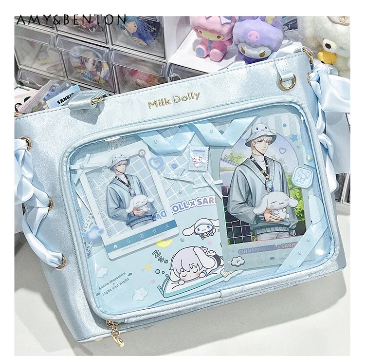 Sweet Cute Transparent Lolita Crossbody Bag Satin Lace Bow Double Layer Large Capacity Square Bag Preppy Style Kawaii Handbags