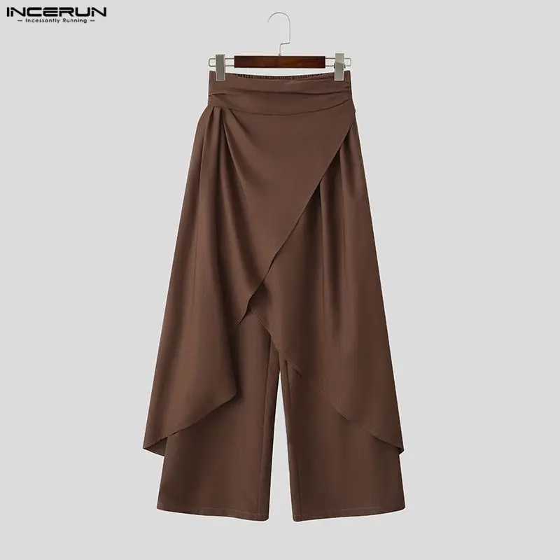 

INCERUN мужские брюки однотонные бегуны с эластичной резинкой на талии брюки с рюшами мужские уличные свободные модные повседневные мужские широкие брюки 2025
