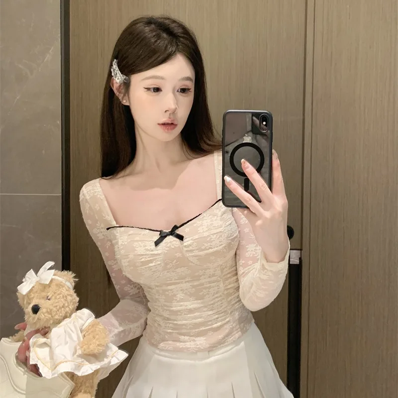 

Slimming Embroidered Knot Lace irt Square Collar Bared Clavicle Base Top Sexy Sle Long Sve Women's Faion