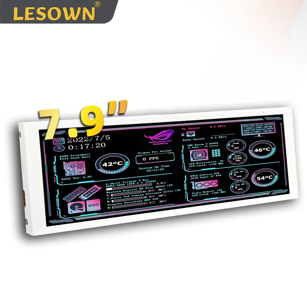 LESOWN Bar Display 7.9 inch White LCD Wide mini Sub Screen HDMI IPS Touch 400x1280 Aida64 Monitor for PC Case Raspberry Pi