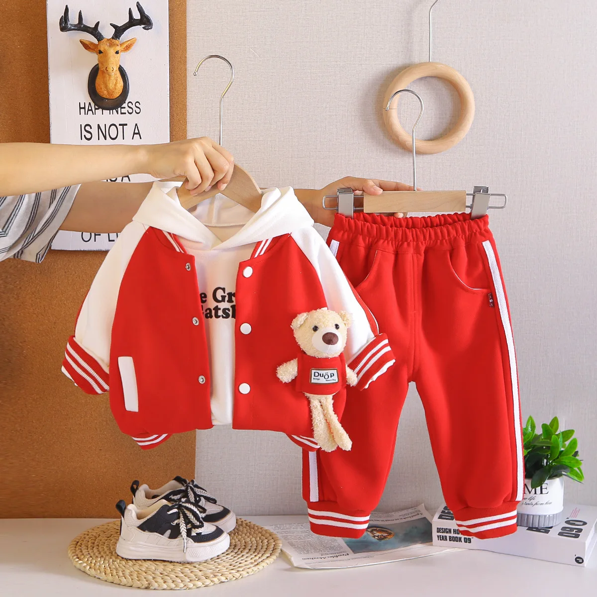 Fall Kids Tracksuits Christmas Outfits for Baby Boys and Girls Cute Cartoon Patchwork Coat + White Hoodies + Pants 3 Piece Set