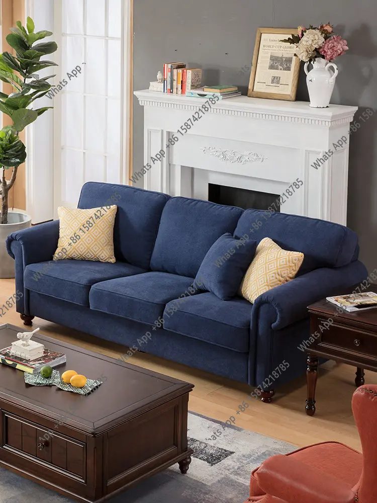 American fabric sofa combination sapphire blue dark blue flannel three-person small apartment Nordic living room