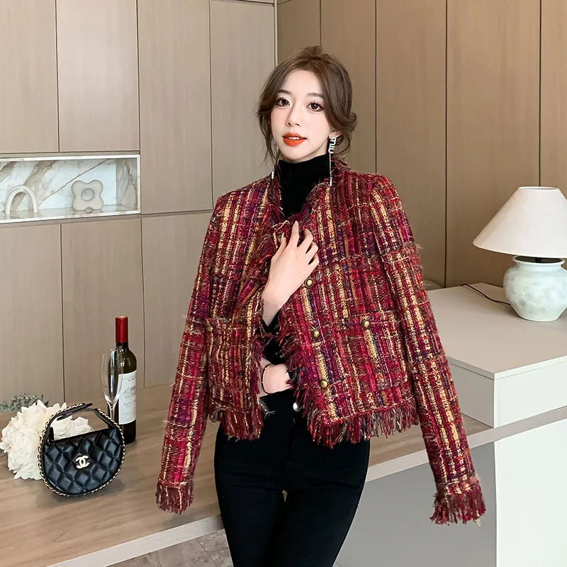 Women Autumn New Round Neck Fleece Edge Oblique Buckle Woven Wool Duvet Fragrant Coat Tweed Jackets