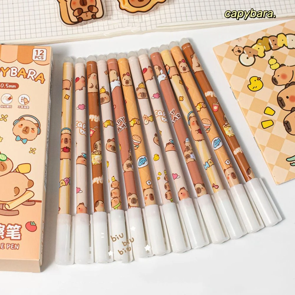 12PCS Creative Cute Capybara Erasable Pen Kawaii Aesthetic Panda Erasable Pen Blue Ink 0.5mm Student Gel Pen Writing Accessories