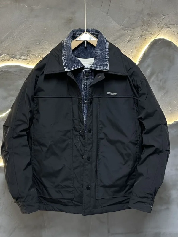 

Men's Casual Denim Patchwork Quilted Jaet Winter Faionable Warm Cold Resistant Outerwear Fake Two-Piece Stand Collar