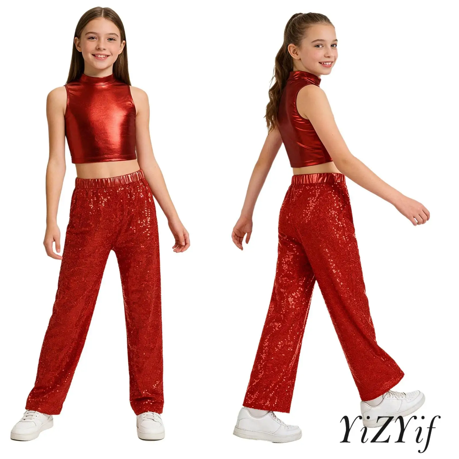 

Girls Hip Hop Dance Set Metallic Shiny Crop Top And Sparkly Sequin Pants Kids Jazz Hip Hop Dance School Cheerleading Costume