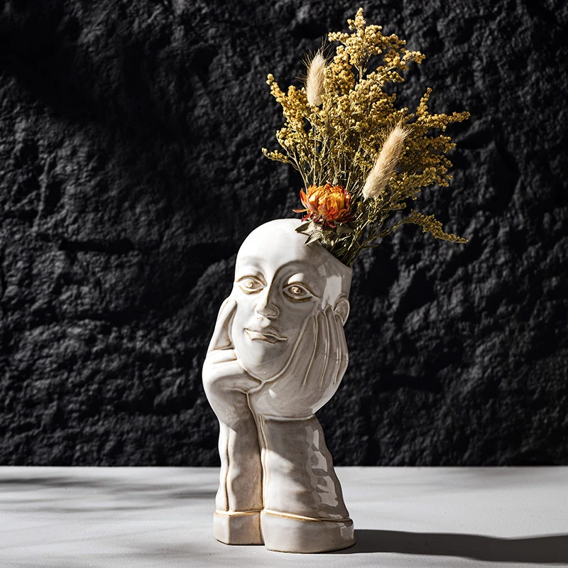 Nordic Human Form Ceramic Vase Dried Flower Container Countertop Flower Vessel  White Home Decor