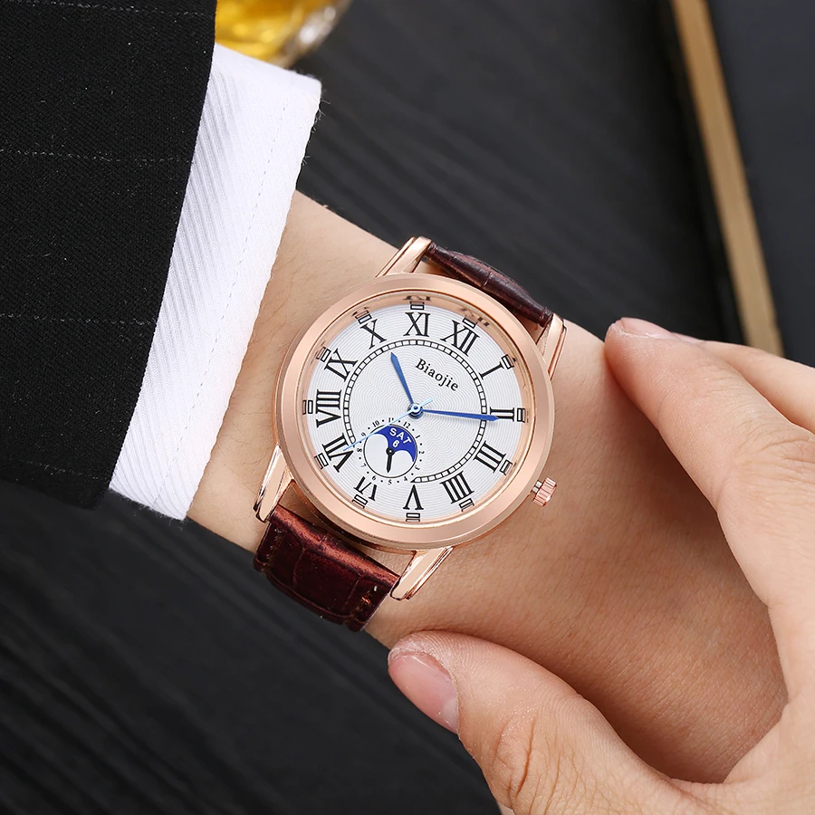 

Роскошные мужские кварцевые часы с фазами Луны, деловые наручные часы с кожаным ремешком, модные повседневные часы с римскими цифрами для ежедневного использования