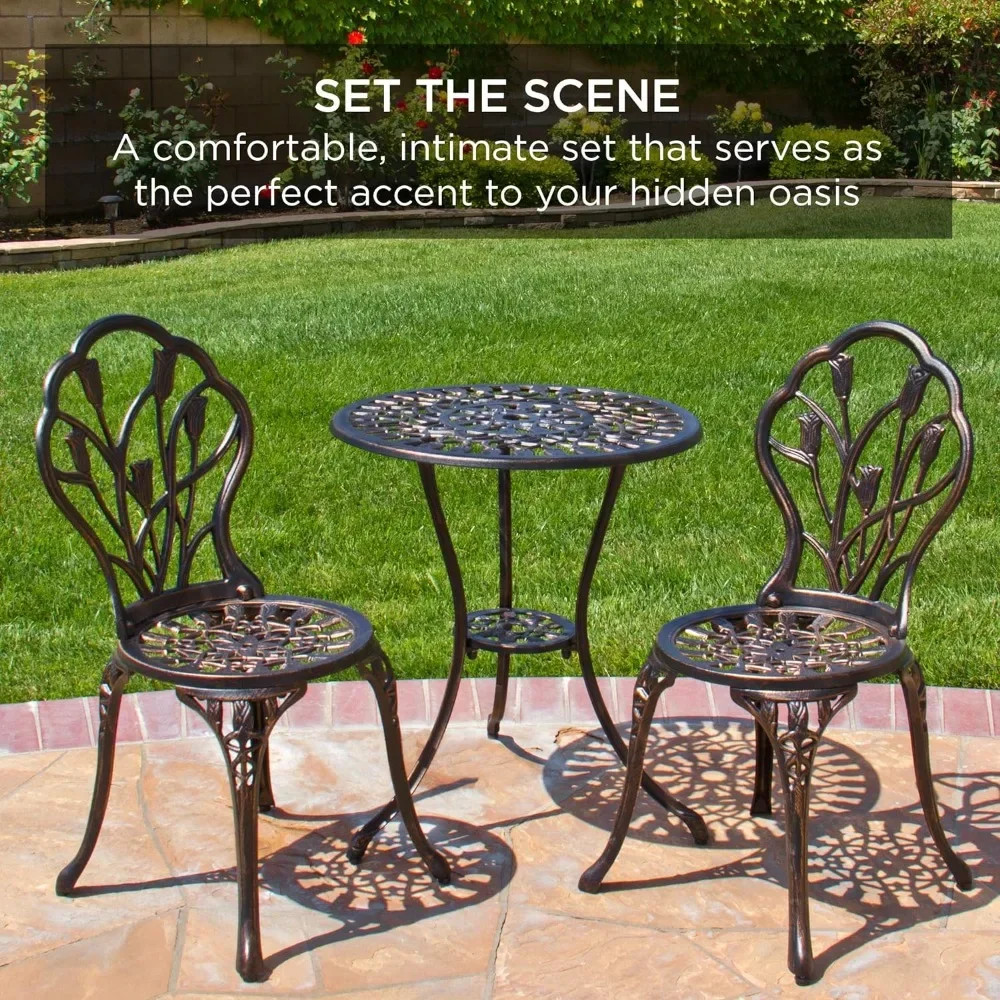 Camp Table Camping 3-Piece Outdoor Rust-Resistant Cast Aluminum Patio Bistro Set W/Tulip Design Outdoor Garden Table and Terrace