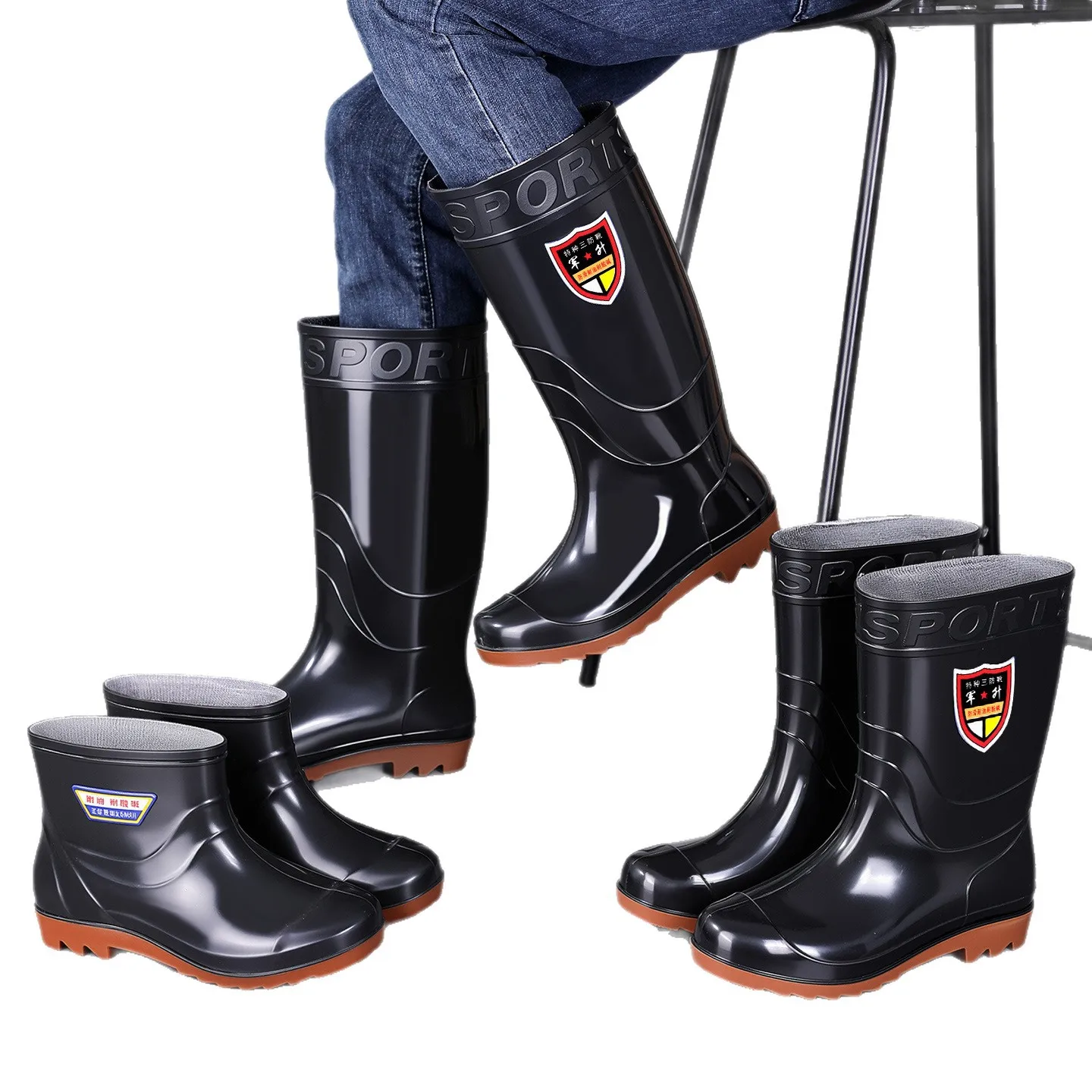 Tendon Sole Men's High Rain Shoes Black Long Tube Black Water Shoes Kitchen Non-slip Outsole Water Boots Medium and High Tube
