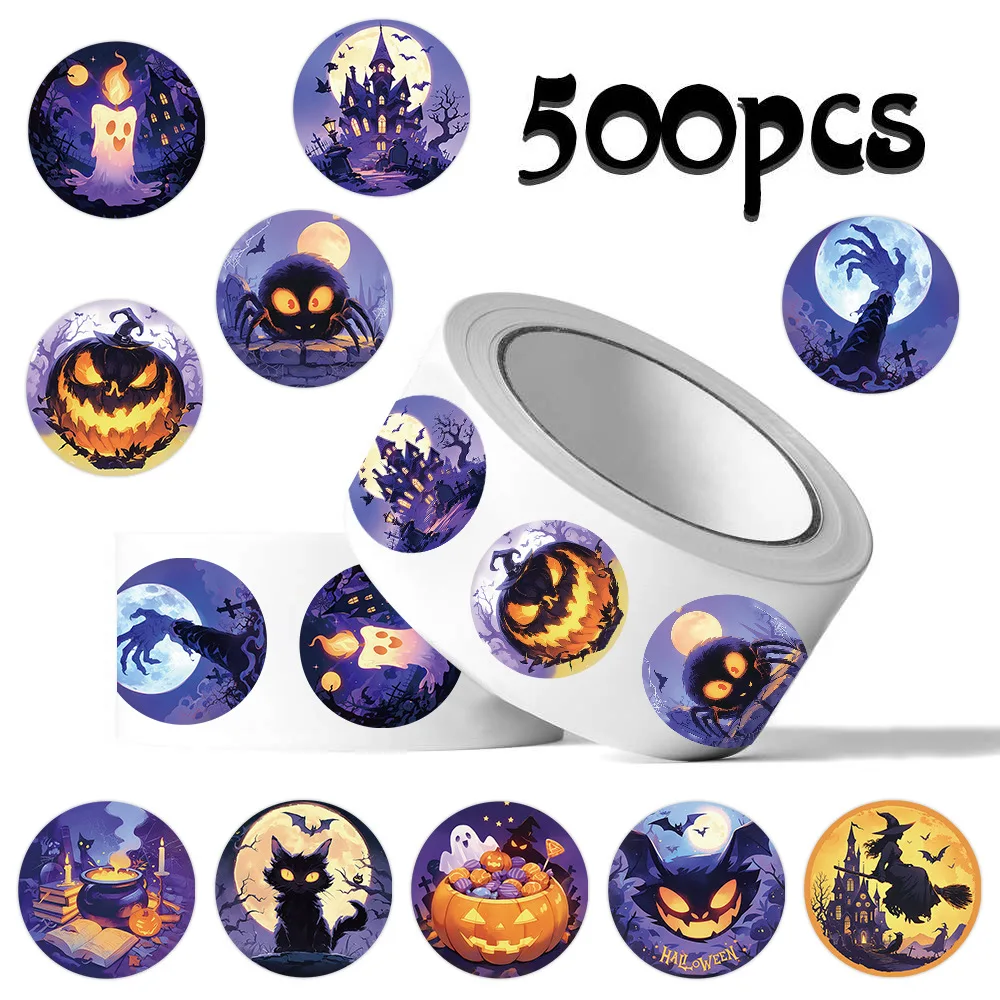 500Pcs/Roll Cute Dark Halloween Round Stickers Pumpkin Ghost Black Cat Bat Castle Journal Candy Gift Sealing Decor Stationery