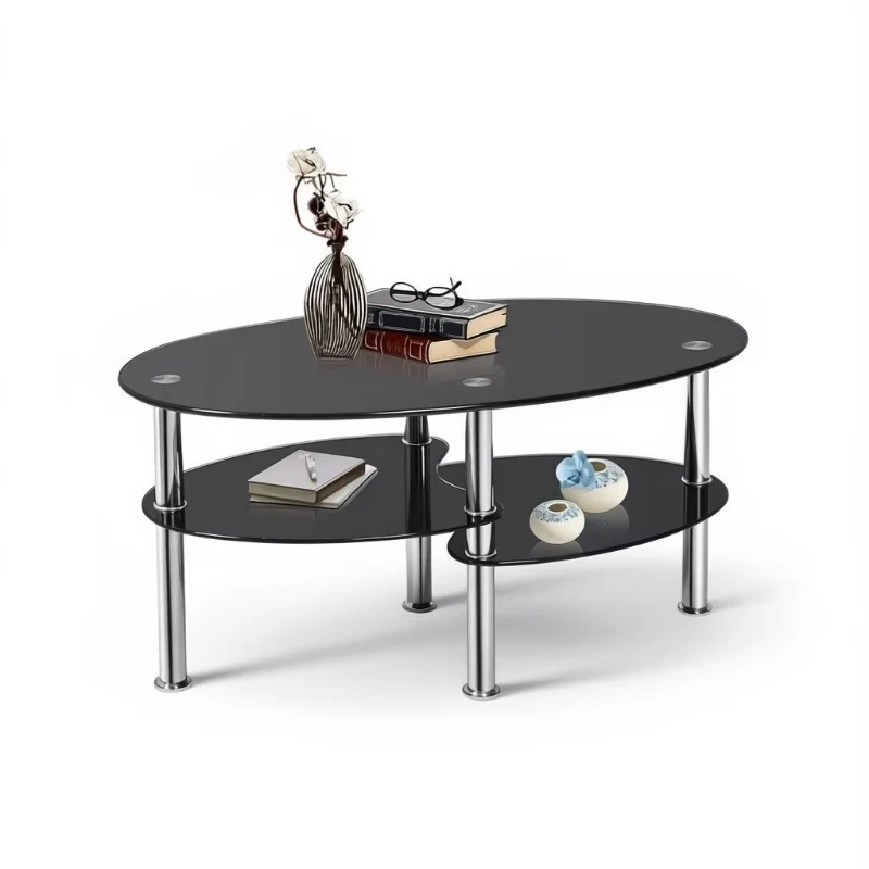 Double oval tempered glass coffee table black modern living room furniture
