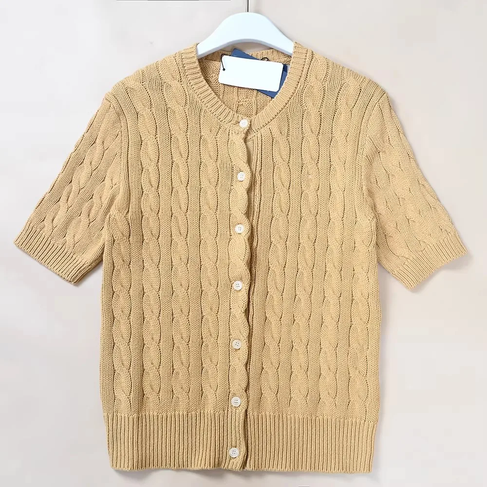 

Ladies Embroidered Knitted Short Sleeve round Neck Sweater Thick Needle Twist Flower Design Open Cardigan Spring Autumn Fashion