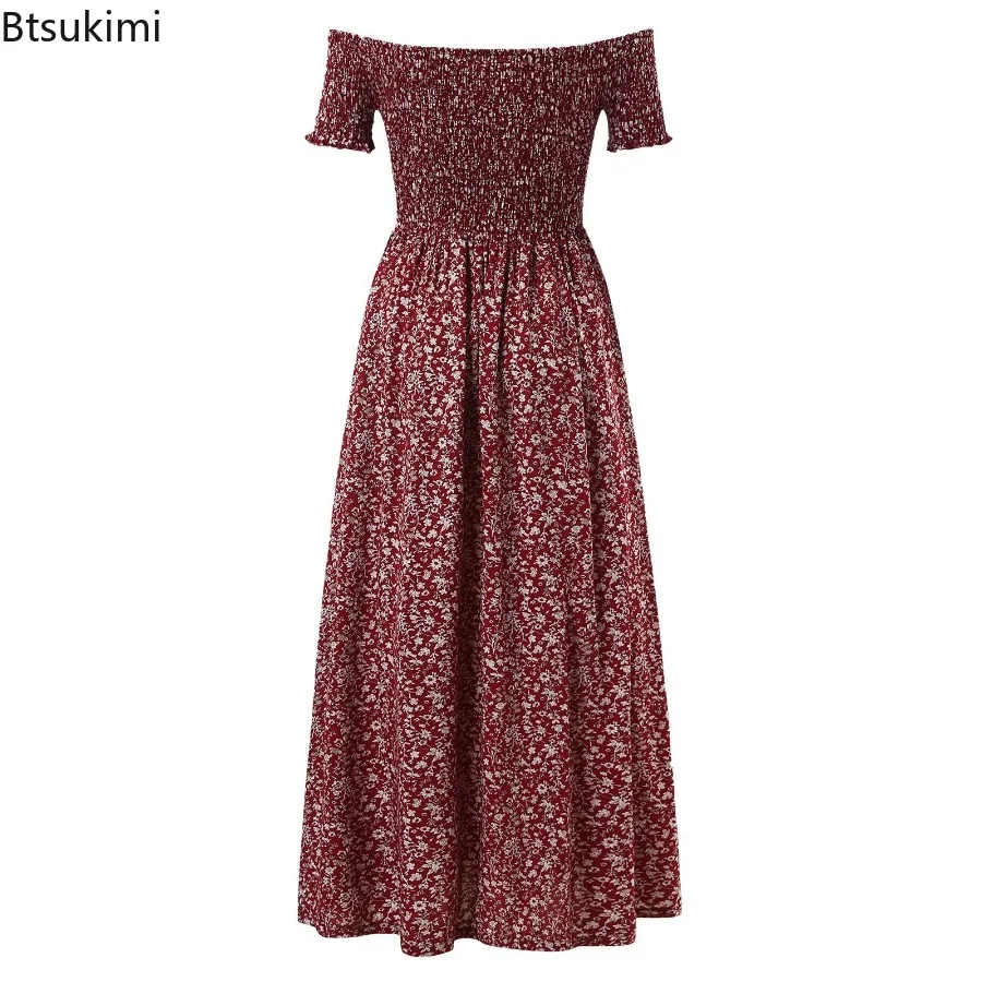 New 2024 Women's Sexy Beach  Dress Vintage Sundress Bohemian Maxi Dress Robe Femme Boho Floral Women Split Long Dresses Vestidos