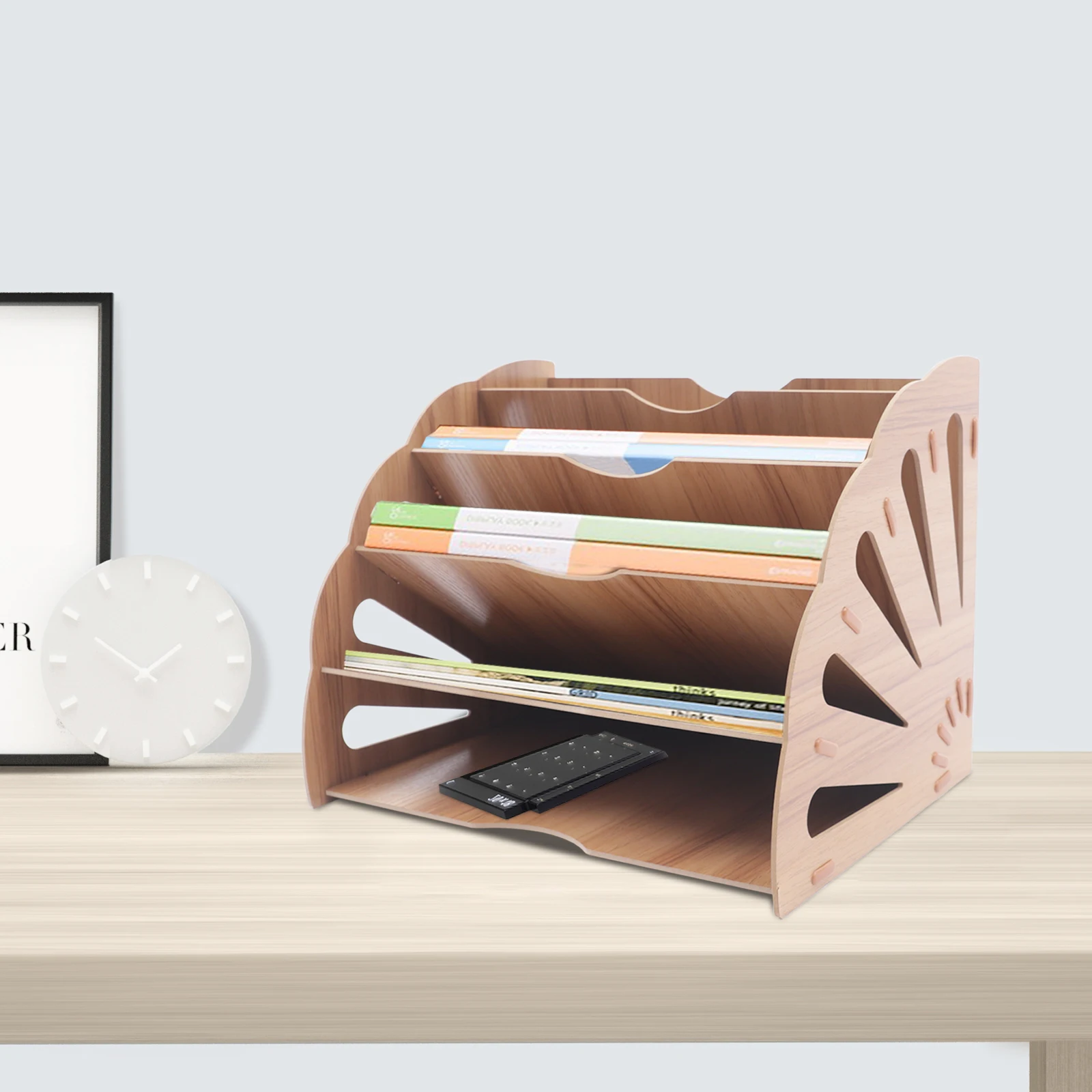 Fan-Shaped File Folder Holder Wood Organizer 5 Compartment Desk Wall Cubicle Partition File Organizer