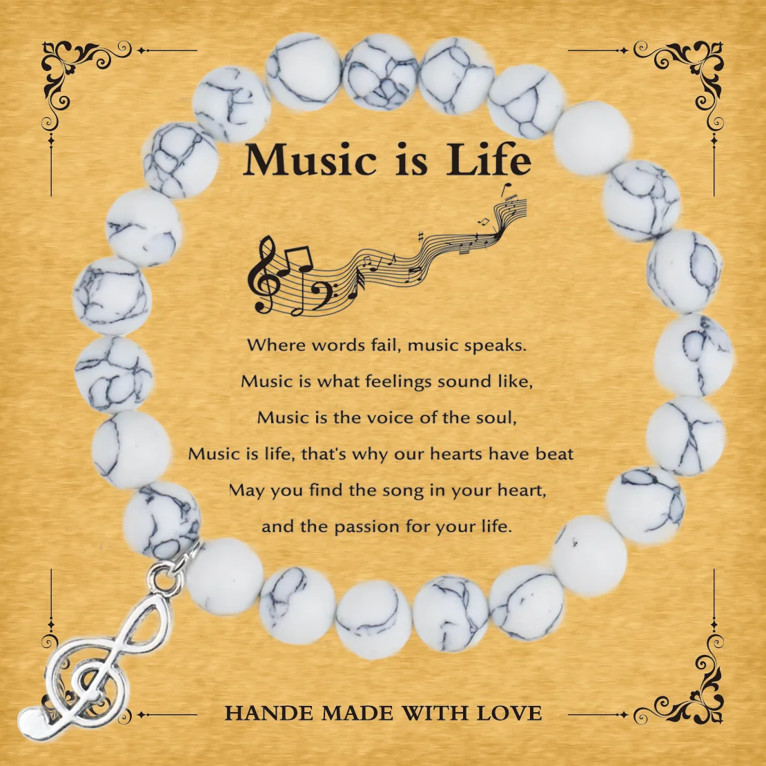 Handmade Natural Stone Beads Music Charms Women Bracelet With Blessing Card,Gift For Music Teacher Singer Friendship Jewelry﻿