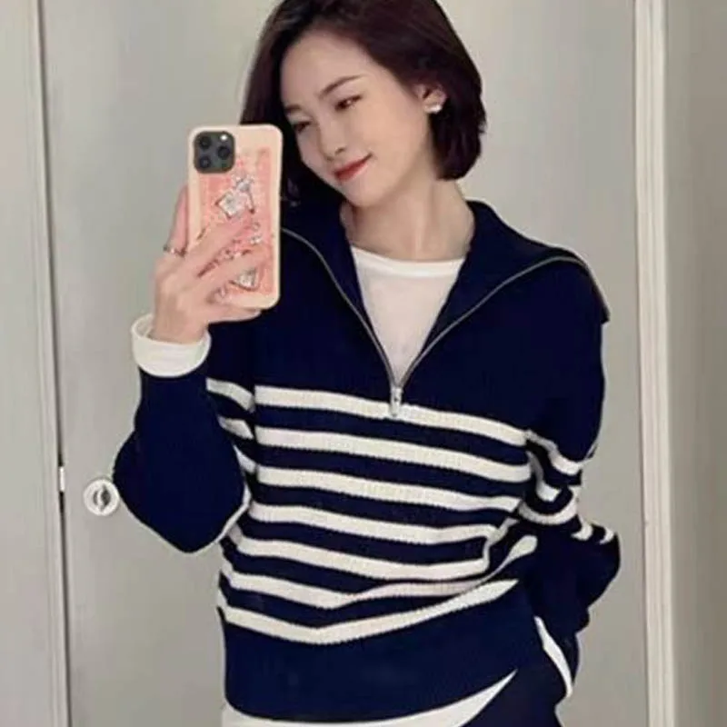 

Свитер-поло с большими лацканами, женская водолазка с половиной цепочки в полоску, осенне-зимний свободный пуловер в ленивом стиле, свитер