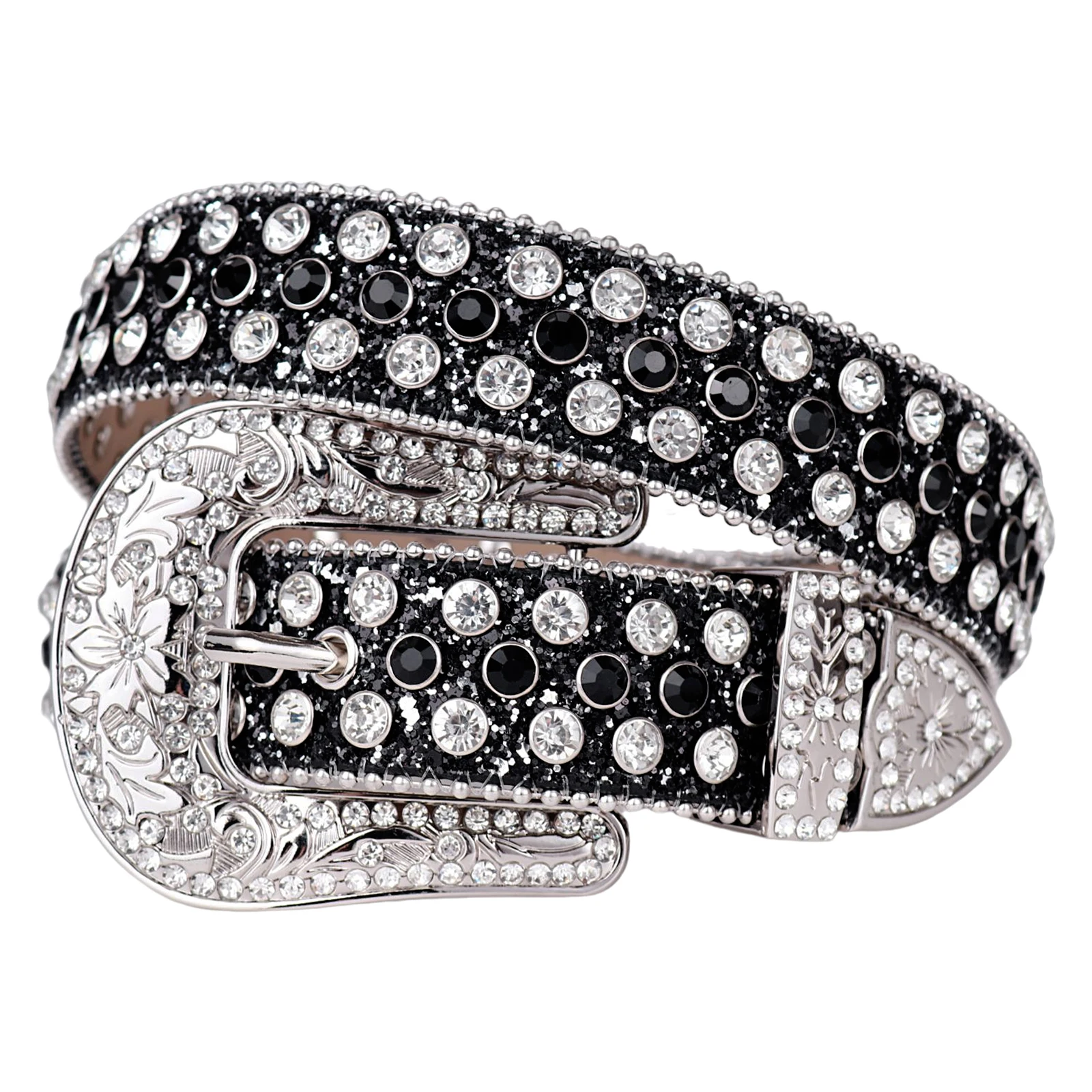 

Western Women Men Floral Buckle Rhinestone Belt Denim Hip Hop Street Crystal Leather Belt Shoulder Strap for Men Gift