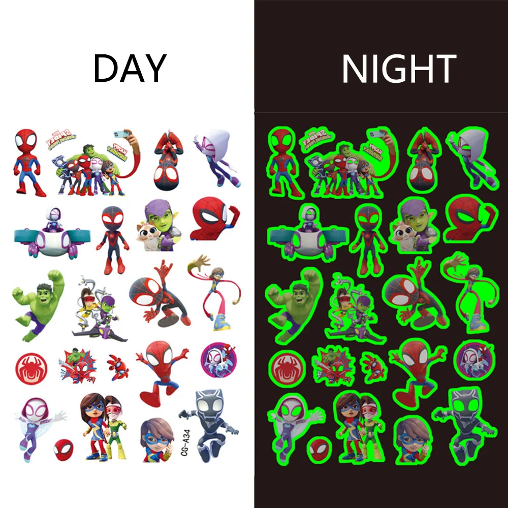 Disney Anime Luminous Tattoos Spiderman and His Amazing Friends Cartoon Stickers for Kids Arm Face Glowing Body Art Tattoo Gift