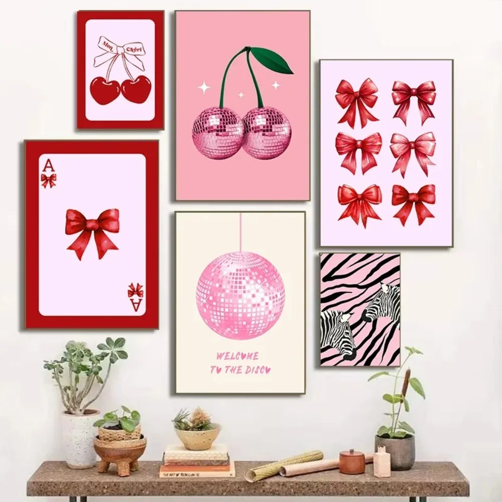 1PC frameless decorative art print,Pink Bows Canvas Painting Wall Art Cherry Disco Ball Zebra Poster Preppy Girl Room Home Decor