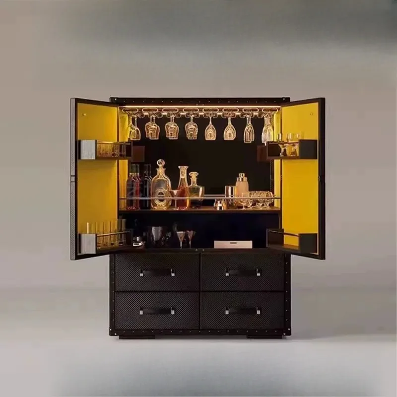 Italian light luxury solid wood wine cabinet luxury villa designer home high-end wall display cabinet leather locker